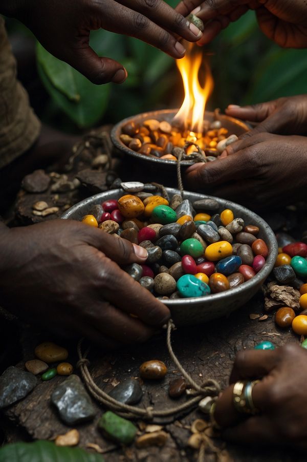 Illuminated by vibrant fire, around pebbles and colorful beads. Symbols of rich cultural heritage.