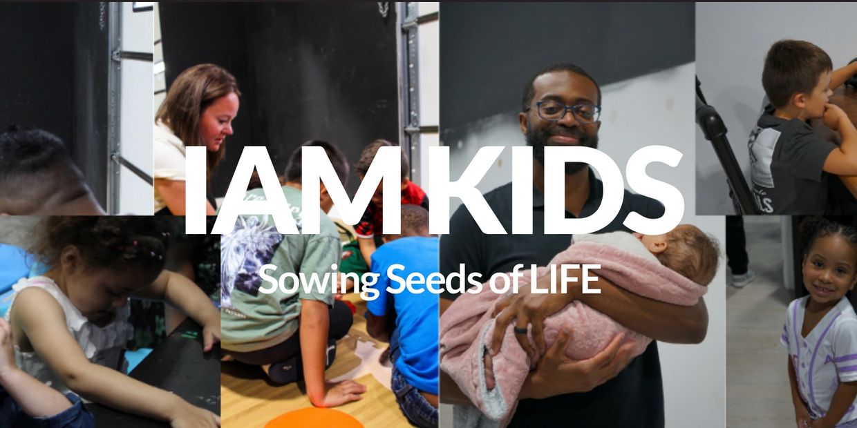 Collage of children and adults with text 'IAM KIDS Sowing Seeds of LIFE'.