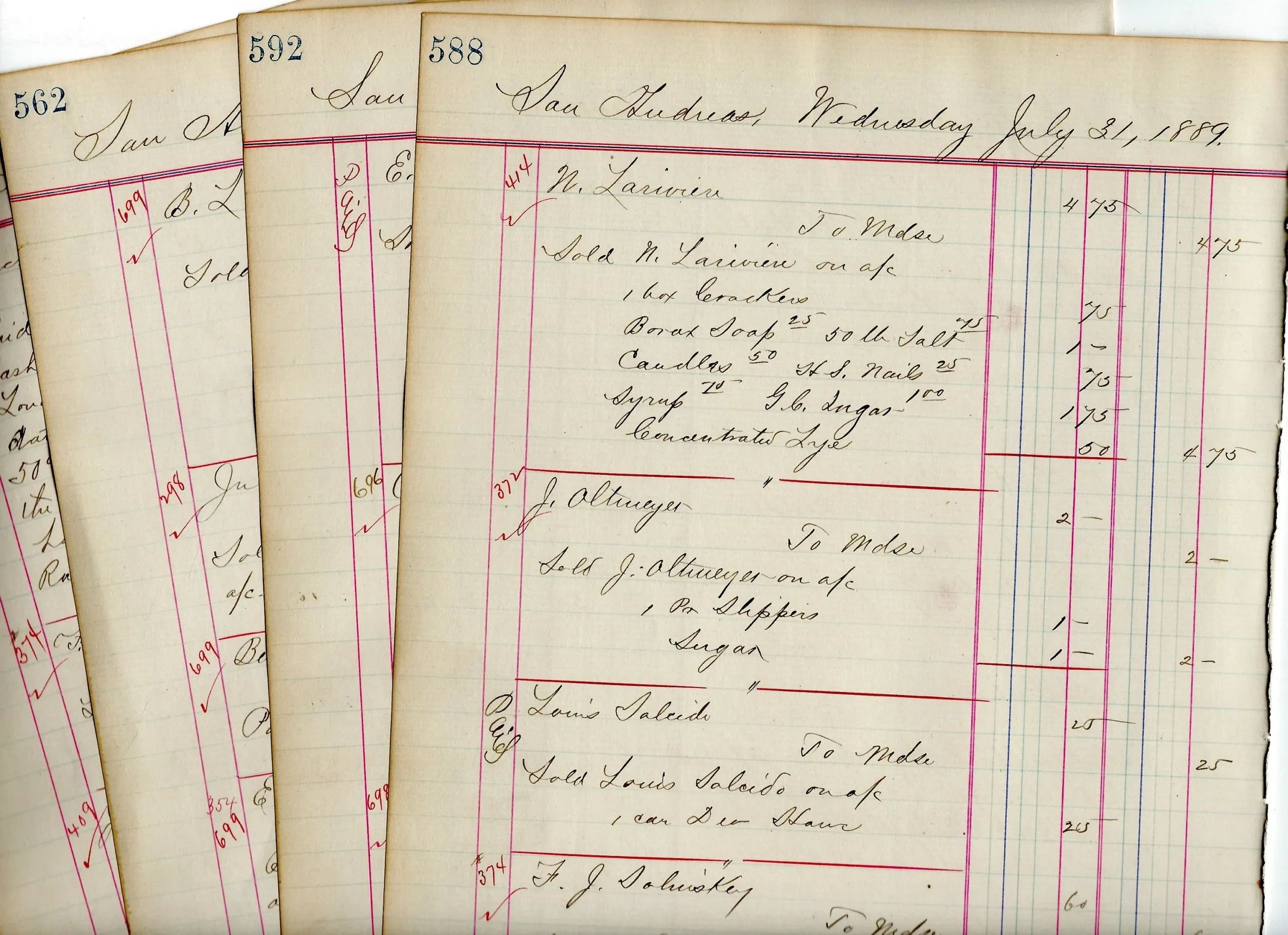 Old handwritten ledger pages from 1889.