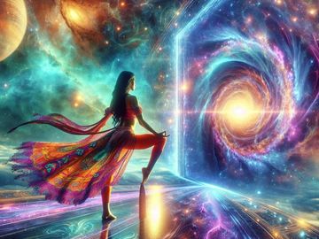 A woman in a colorful dress stands before a cosmic portal in a vibrant universe.