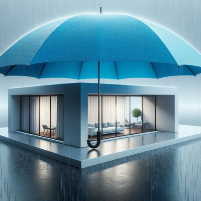 House covered with blue umbrella to protect it from rain and storm.