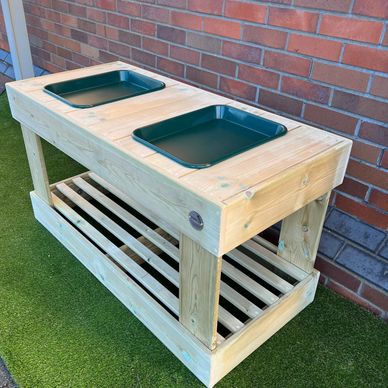 Children's wooden outdoor discovery table with 2 trays for messy play, mark making etc