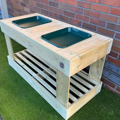 Children's wooden outdoor discovery table with 2 trays for messy play, mark making etc