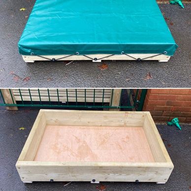 Children's wooden sandpit, gravel digging box with coloured vinyl cover