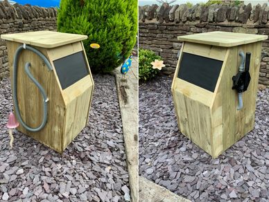 Children's wooden outdoor role play fuel, petrol pump with working pump.