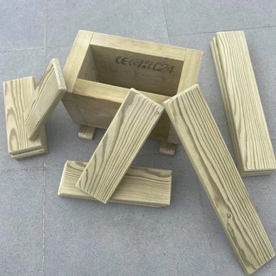 Children's small wooden planks set with assorted sized planks in a handy wooden storage box