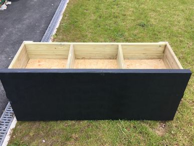 Mud kitchen ingredients storage table with chalkboard lid. Sensory box with chalkboard lid.