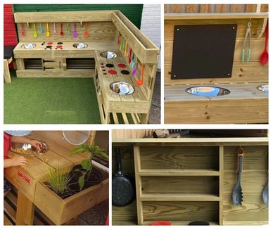 Optional extras for mud kitchens by Wood U Believe It Ltd. Includes chalkboards, planters, shelves