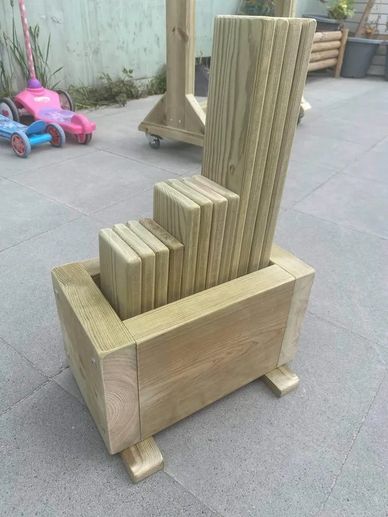 Standard set of children's wooden planks with assorted sized planks in a handy wooden storage box.
