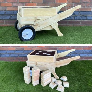 Wooden children's wheelbarrow with shape-sorter lid and 24 wooden building blocks