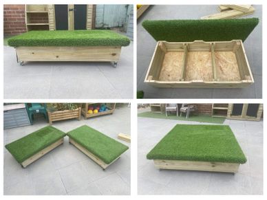 Wooden storage box, bench seat with grass-covered top. Grass-covered wooden storage box.