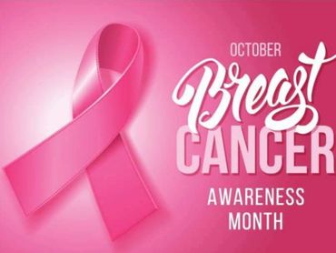 "Pink ribbon on  a vibrant pink background with text 'October Breast Cancer Awareness Month' promoti