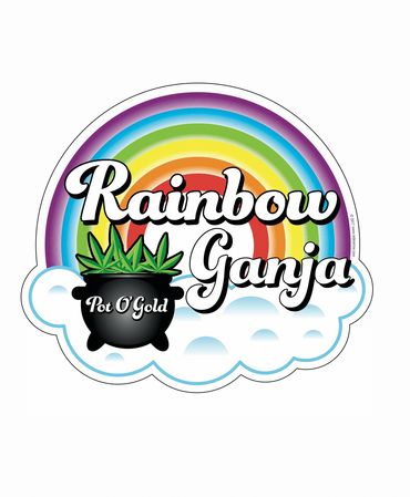Rainbow Ganja and pot of gold with cannabis weed leaves and rainbow on a cloud