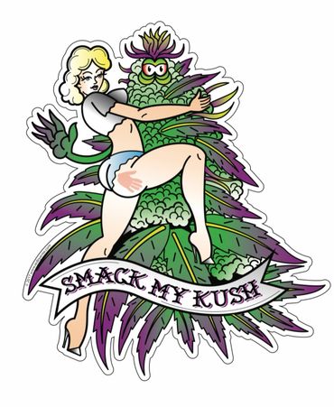 Smack my Kush pinup girl with cannabis bud weed leaf
