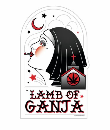 Lamb of ganja a nun smoking a joint with red bloodshot eyes and a church with a cannabis weed leaf