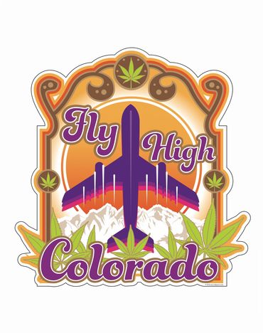 Fly High Colorado airplane flying over mountains with cannabis weed leaves