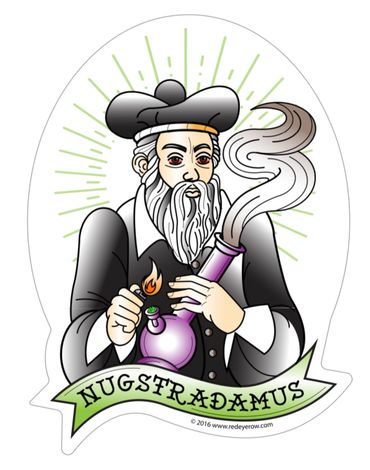 Nostradamus smoking a bong smoking weed cannabis with red bloodshot eyes Nugstradamus