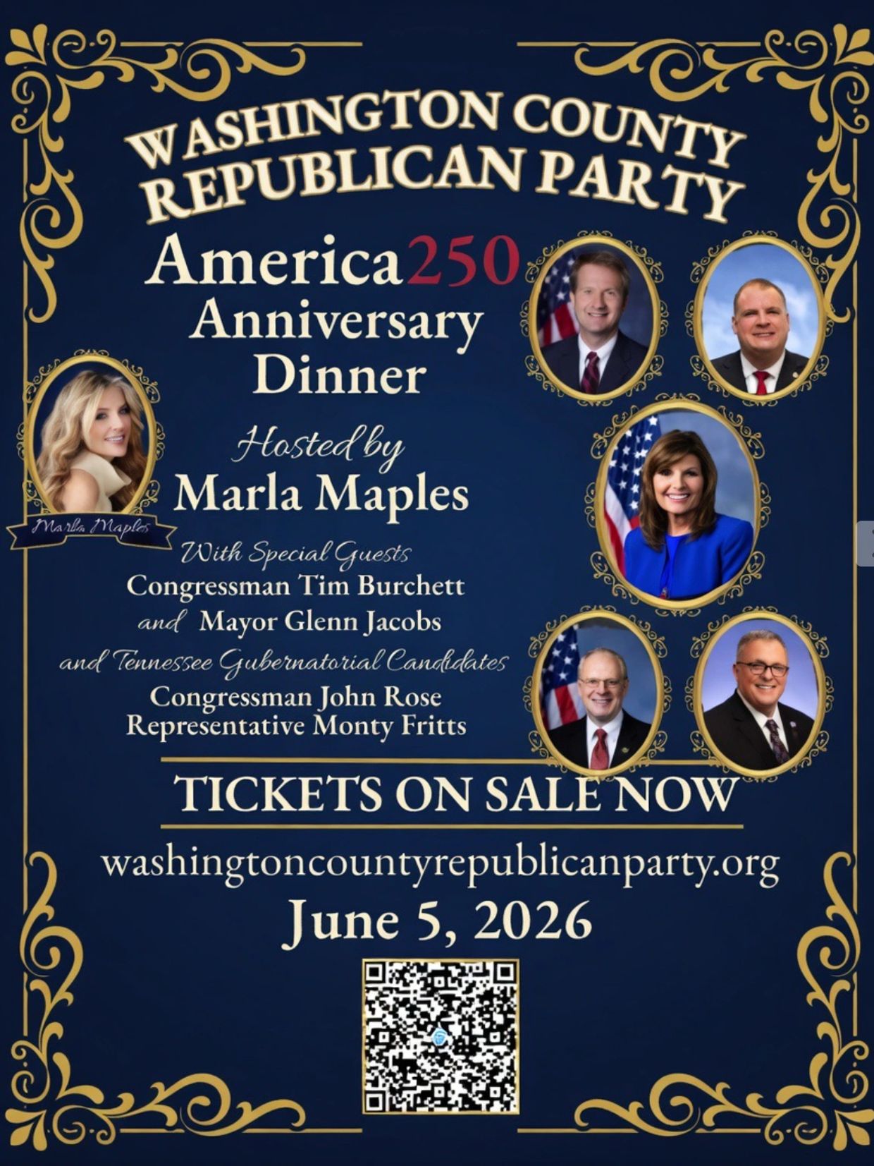 Poster for Washington County Republican Party's America 250 Anniversary Dinner on June 5, 2026.