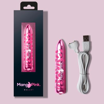 MangoPink rechargeable mini wand vibrator with premium packaging and USB charging cable, featuring a body-safe silicone finish and elegant design.