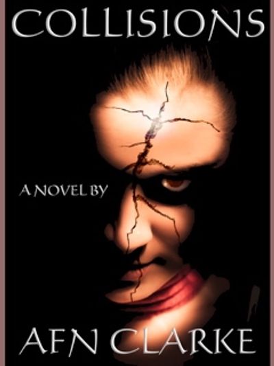 Book cover for Collisions, partial face of horror with cracks all over it, black menacing eye