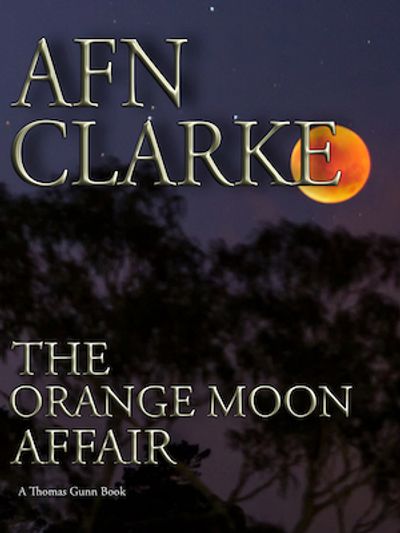 Book cover for The Orange Moon Affair, orange moon rising over dark blue sky and dark trees