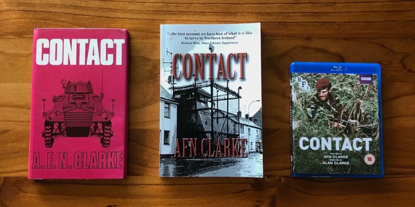 3 images on one photo, first edition of book Contact, latest edition in black white and DVD cover