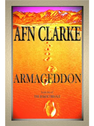 Book cover for Armageddon. Footpints in fiery orang sand disappearing into the hills in the distance