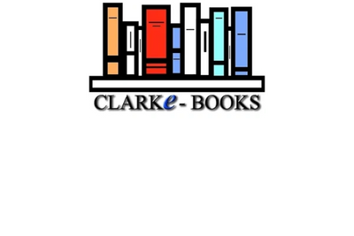 Clarke-Books logo, coloured spines of 10 books stacked on a shelf