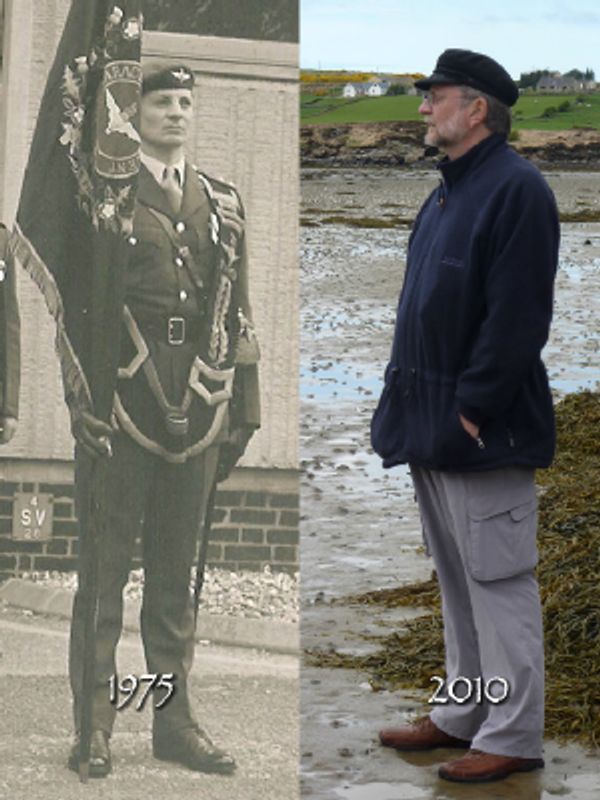Split image-Clarke as a young soldier in British Parachute Regiment uniform and Clarke in his 70's