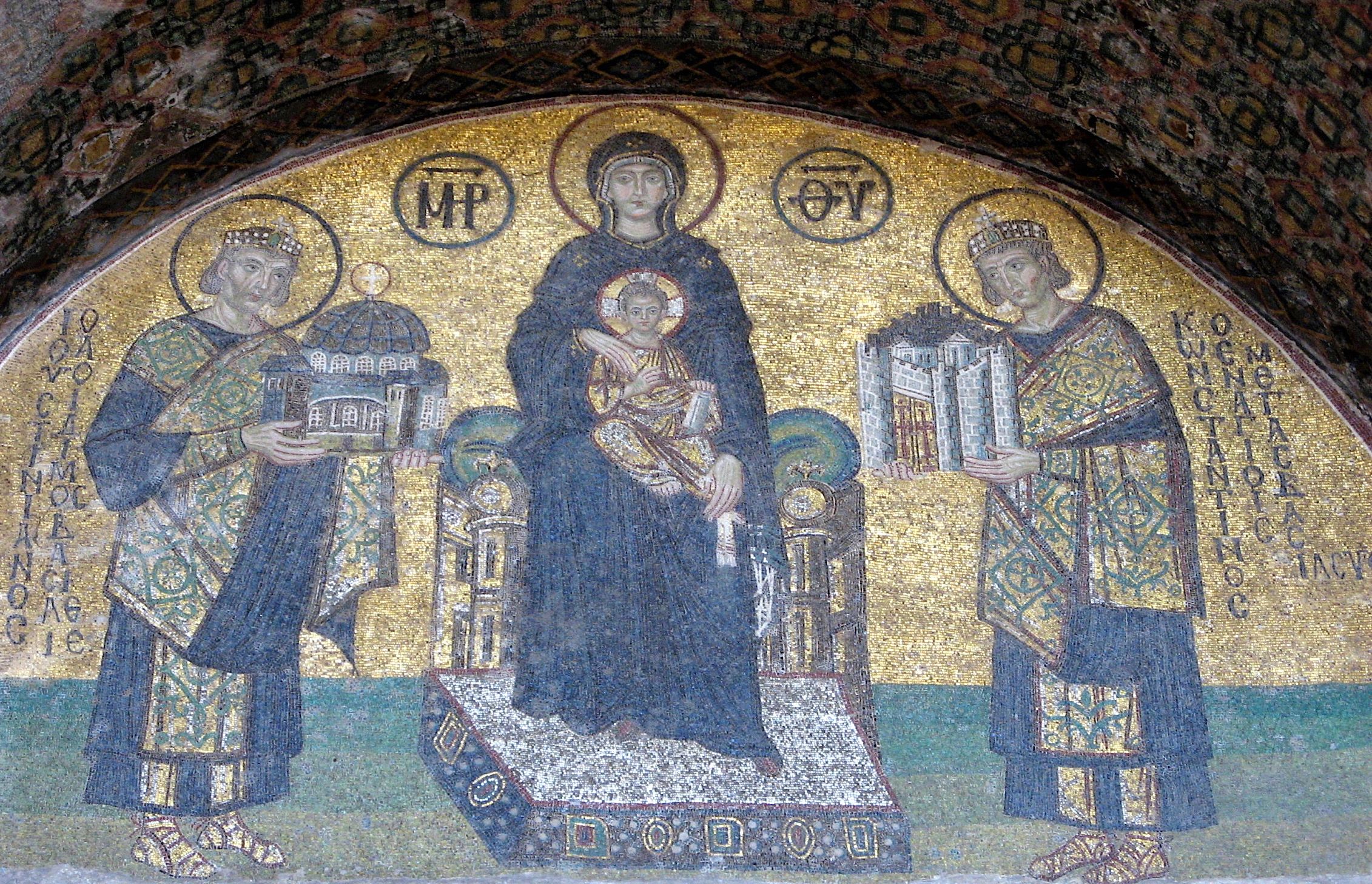 Hagia Sophia mosaic of Justinian, Mary, Jesus, and Constantine.