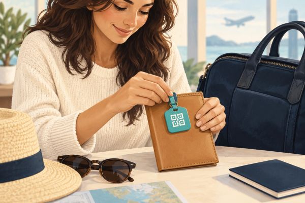 Concept illustration: a traveller tags an important passport wallet.