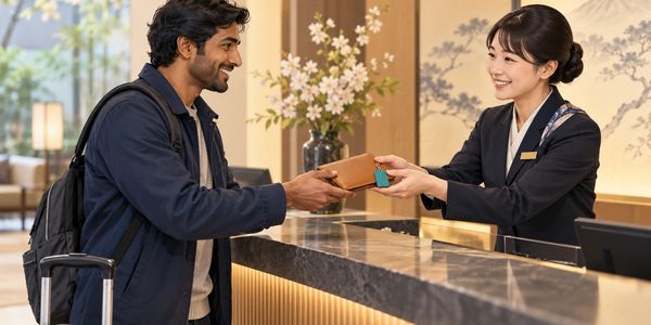 Concept illustration: hotel staff help return a passport wallet to its owner.