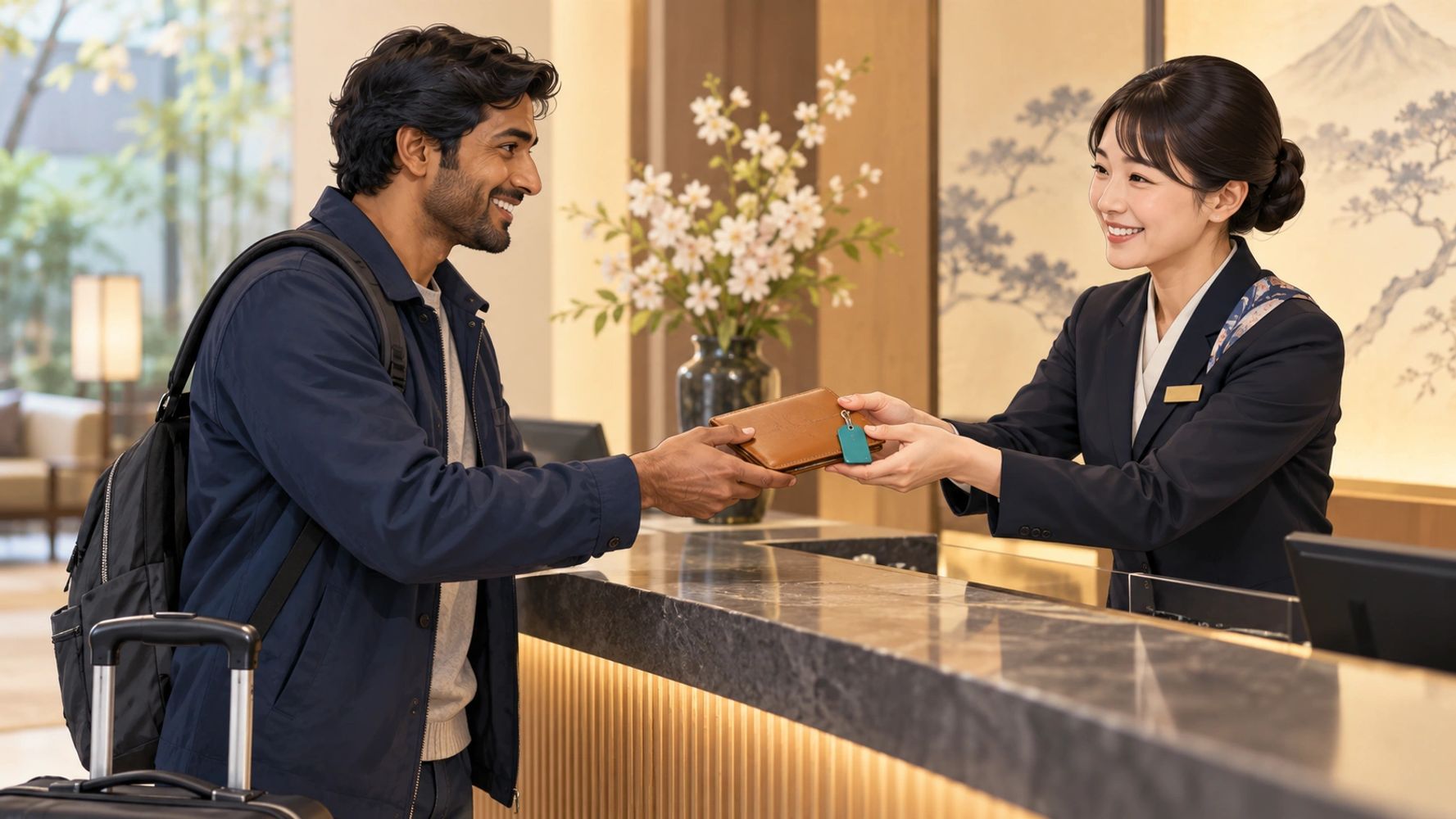 QLokate concept illustration: a hotel receptionist returns a tagged passport wallet to its owner.