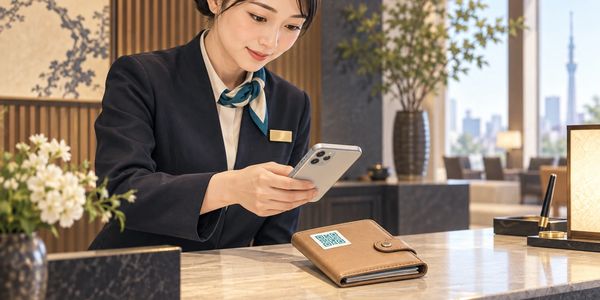 Concept illustration: a hotel receptionist scans a recovery tag.