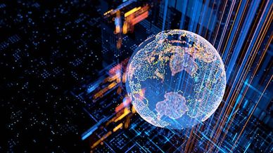 Digital globe with illuminated continents and data streams in a futuristic environment.