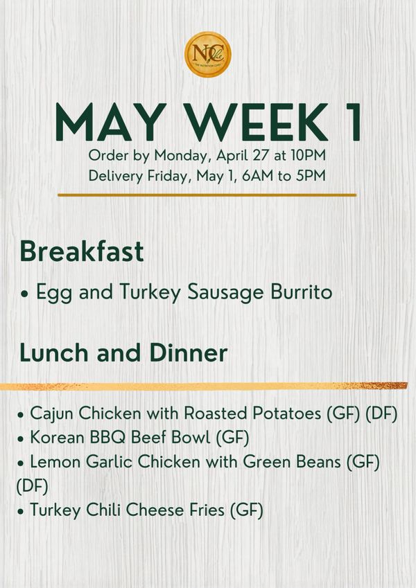 Meal menu for May Week 1 with breakfast and lunch/dinner options.