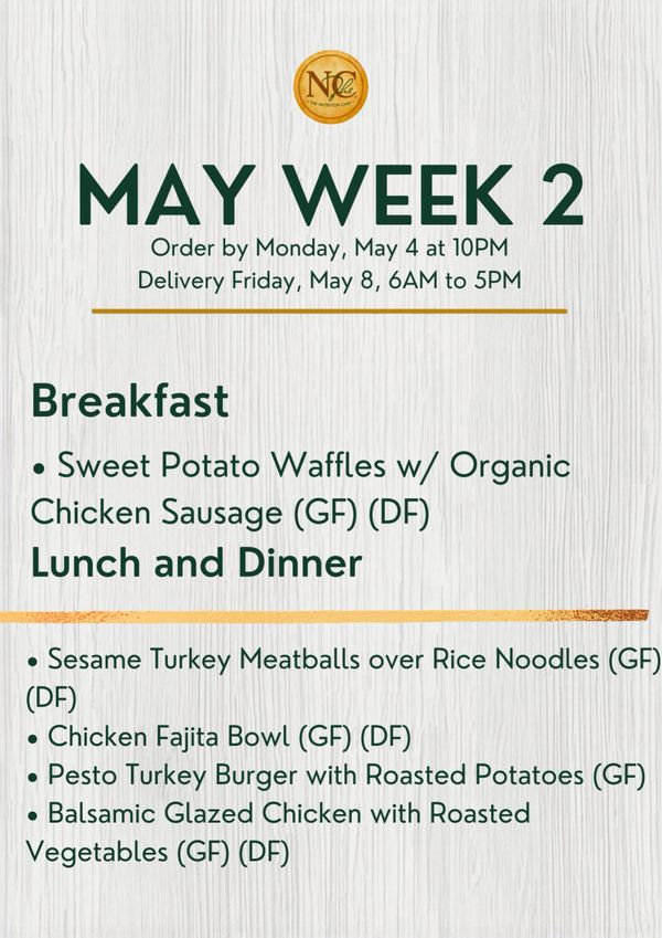 Weekly meal menu for May Week 2 with gluten-free, dairy-free options.