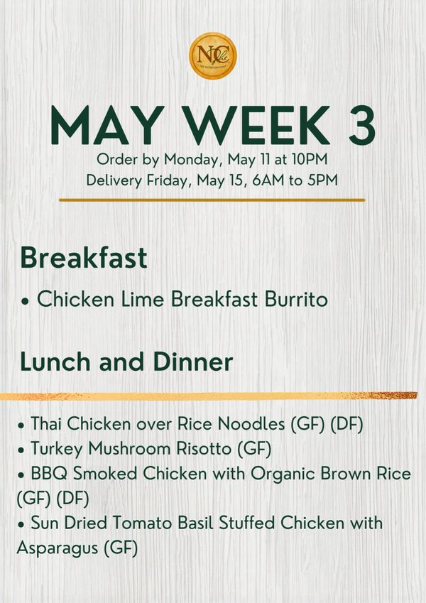 Weekly meal menu for May Week 3 with breakfast and lunch/dinner options.
