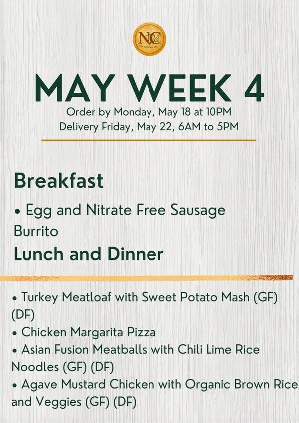 Weekly meal menu for May Week 4 with breakfast and lunch/dinner options.