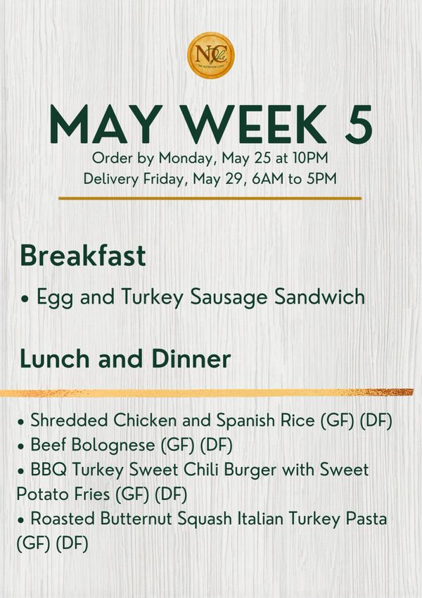 Weekly meal menu for May Week 5 with breakfast and lunch/dinner options.