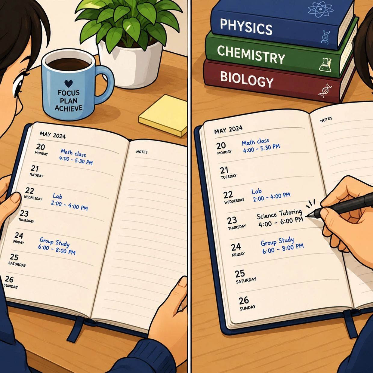 Student planning study schedule with science subjects.
