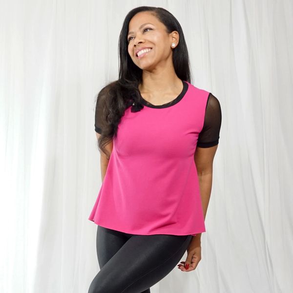 LaDi Mesh Sleeve Tee in Hot Pink.  Babydoll tee shirt with black mesh detail