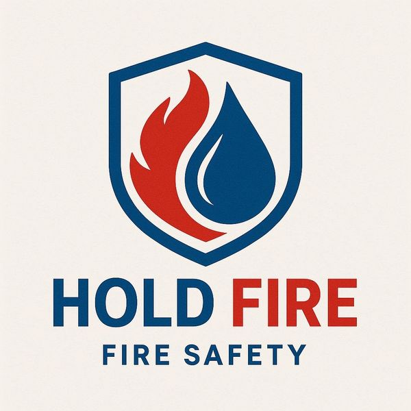 Logo featuring a flame and water drop with the text 'Hold Fire Fire Safety'.