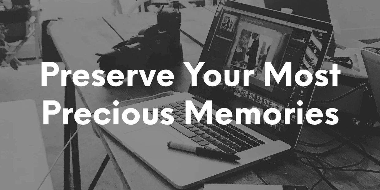 "Preserve your most precious memories" text on top of a background of a laptop with photo software