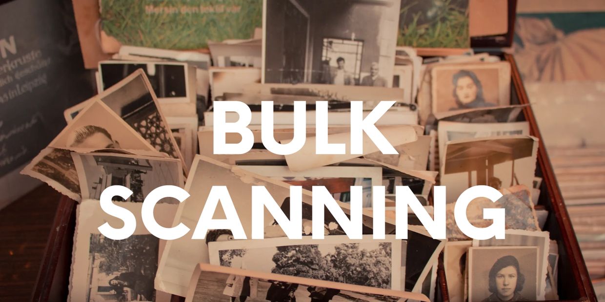 "Bulk Scanning" text on top of a background of old photos