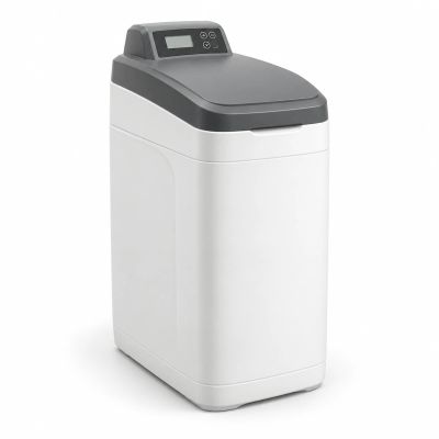 Illustration of a white cabinet water softener with a grey lid and digital control panel.