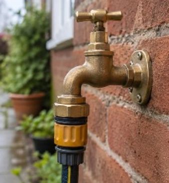 Illustrative photograph of a brass outdoor garden tap connected to a hose, representing the garden t