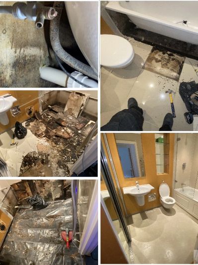 Bathroom floor replacement project in Tower Bridge, London, showing hidden leak investigation, rotte