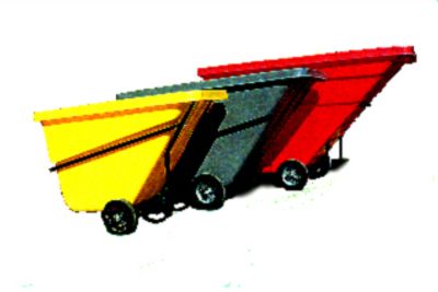 grouping of three tilt trucks - one yellow  one gray, one red 