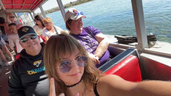July 24, 2025:  Me, Tom, and Kacey on a boat tour from Laughlin to the London Bridge in Lake Havasu.